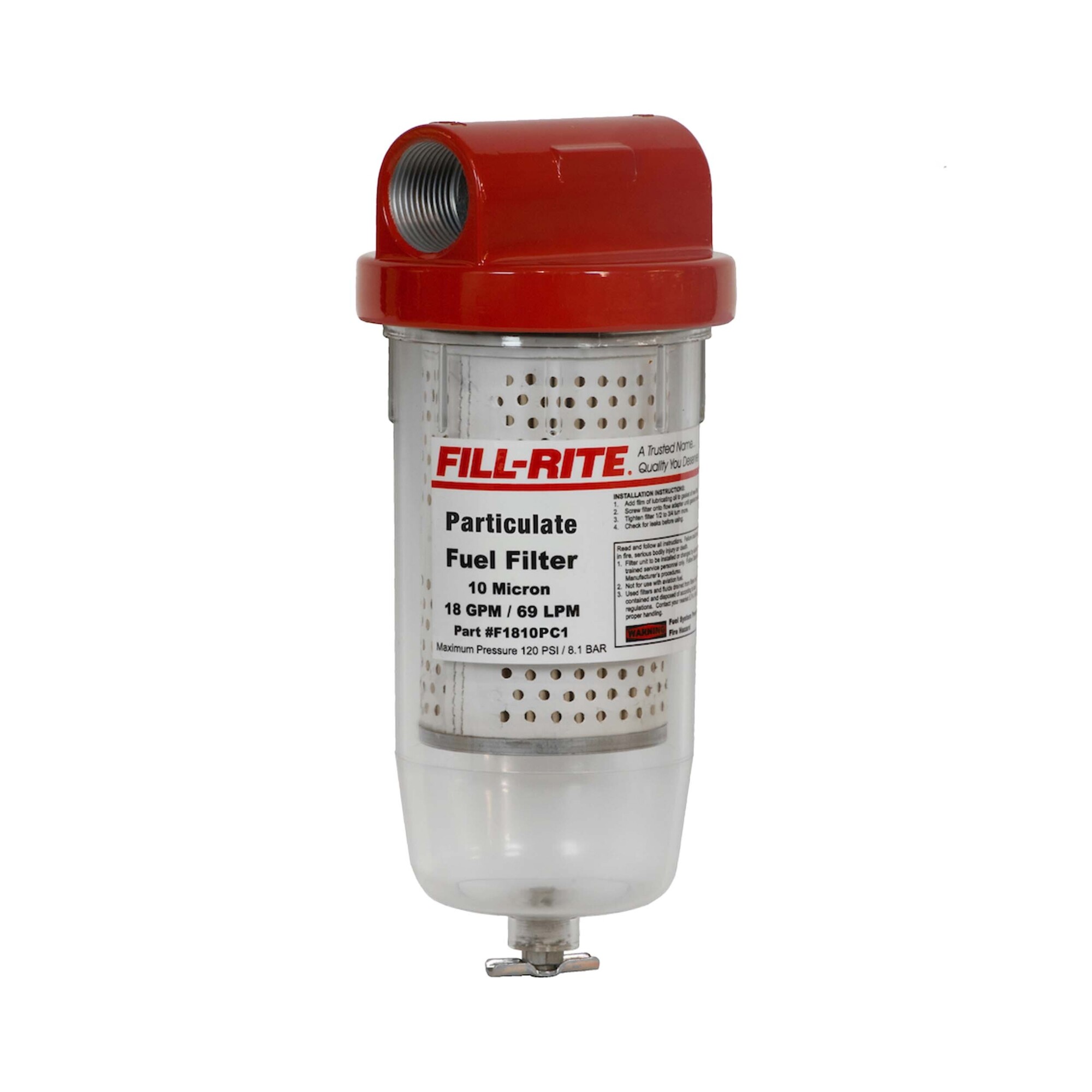 Fill-Rite, 18 GPM 10 Micron Particulate Filter Clear Bowl, Diameter 1 in, Height 3.7 in, Model# F1810PC1